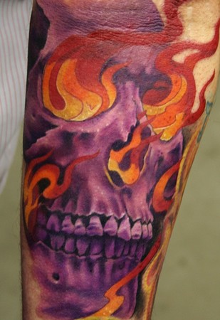 Phil Young - Purple Skull in Flames Tattoo by Phil Young