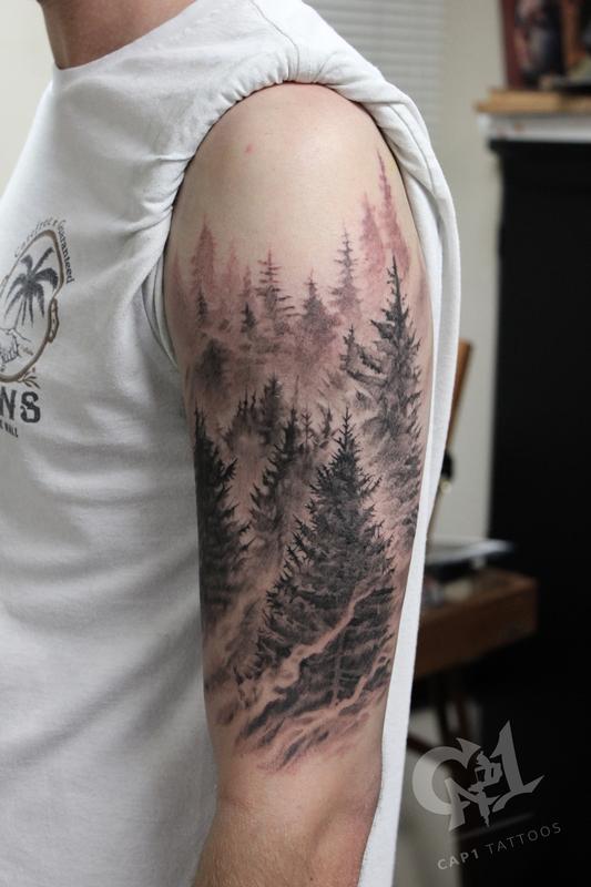 Cap1 Tattoos : Tattoos : Black and Gray : Pine tree forest tattoo