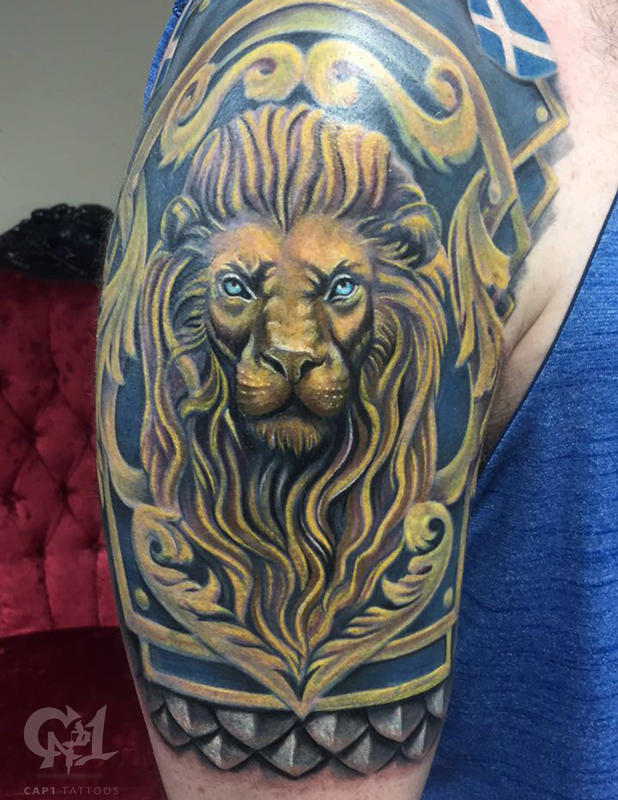Cap1 Tattoos : Tattoos : Half-Sleeve : Lion Armor (Cover Up) Tattoo Sleeve