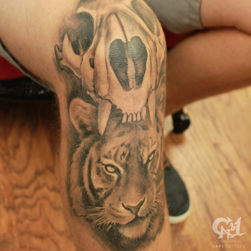 Cap1 Tattoos : Tattoos : Skull : Tiger Skull and Tiger Knee Tattoo