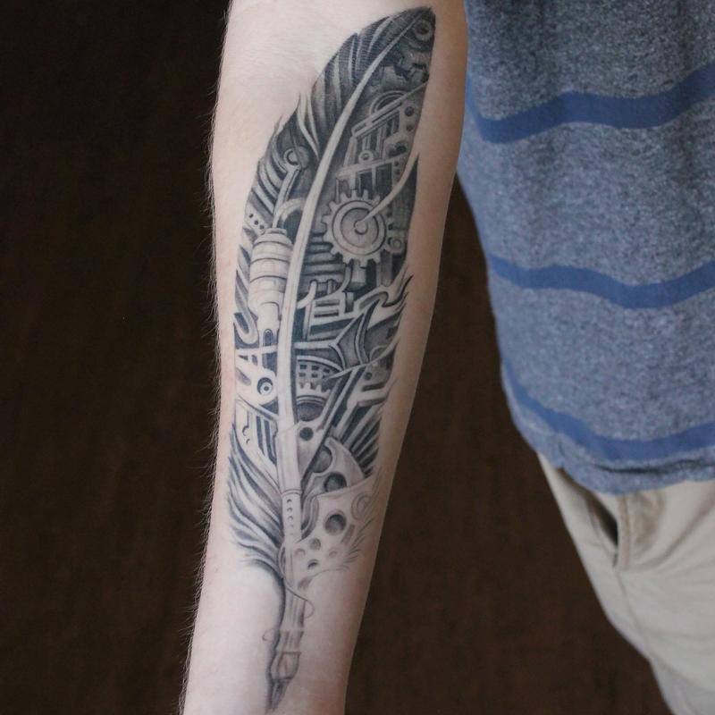Cap1 Tattoos : Tattoos : Body Part Arm Sleeve : Healed Black and Grey Bio  Mechanical Feather on Forearm