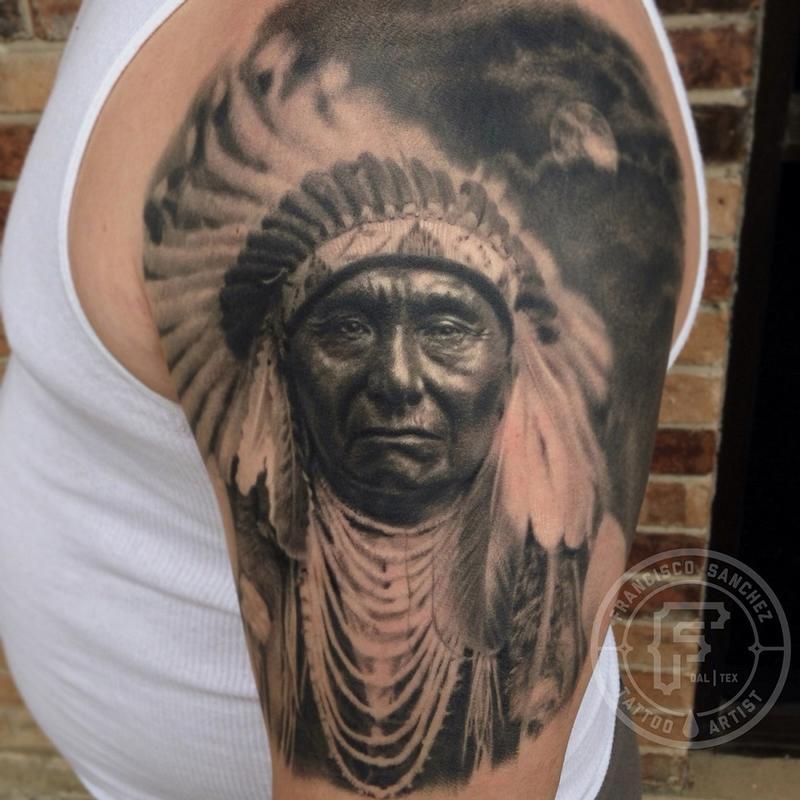 Cap1 Tattoos : Tattoos : Black and Gray : Native American Portrait Tattoo