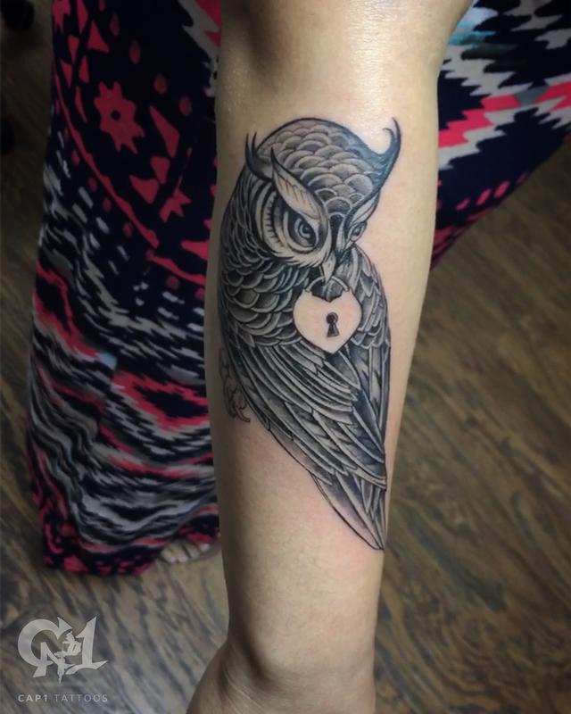 Cap1 Tattoos : Tattoos : Animal : Owl and Locket Arm Tattoo