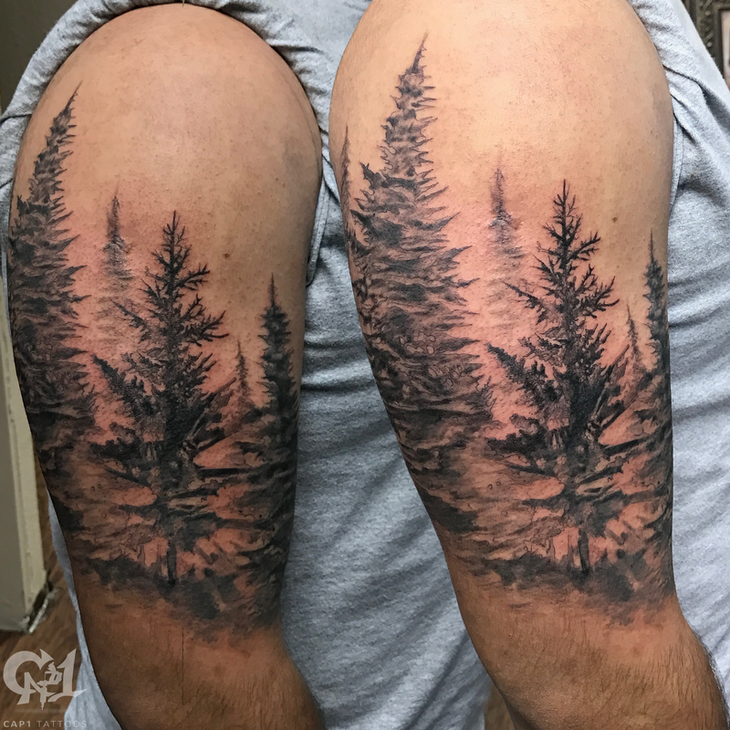 Cap1 Tattoos : Tattoos : Custom : Pine Tree Forest Half-Sleeve Tattoo