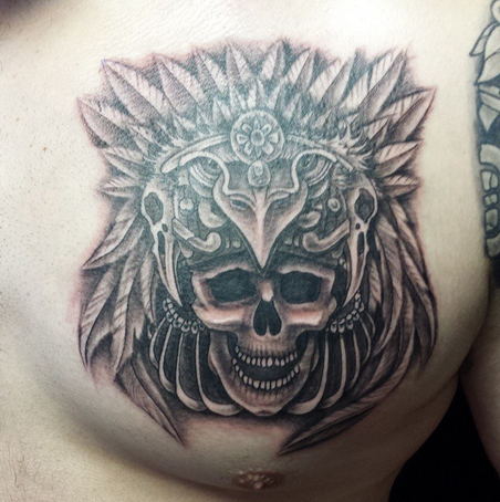 Depiction Tattoo Gallery : Tattoos : Black and Gray : Skull Headdress Tattoo