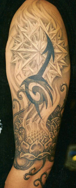sleeve tattoo black and grey. Comments: lack and grey