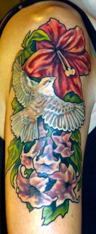 Dove and Flower half sleeve tattoo. Artist: Thea Duskin - (email)