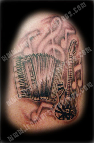 guitar tattoos. Accordian and Guitar