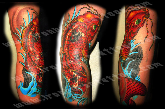 Comments Traditional red Koi swimming upstream on arm on the outside of the
