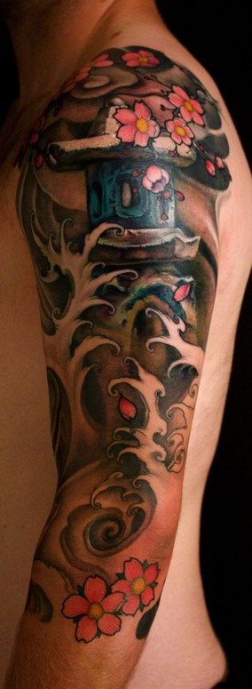 Jeff Gogue 3 4 sleeve Japanese Lantern and Cherry Blossoms 3 4 sleeve tattoo