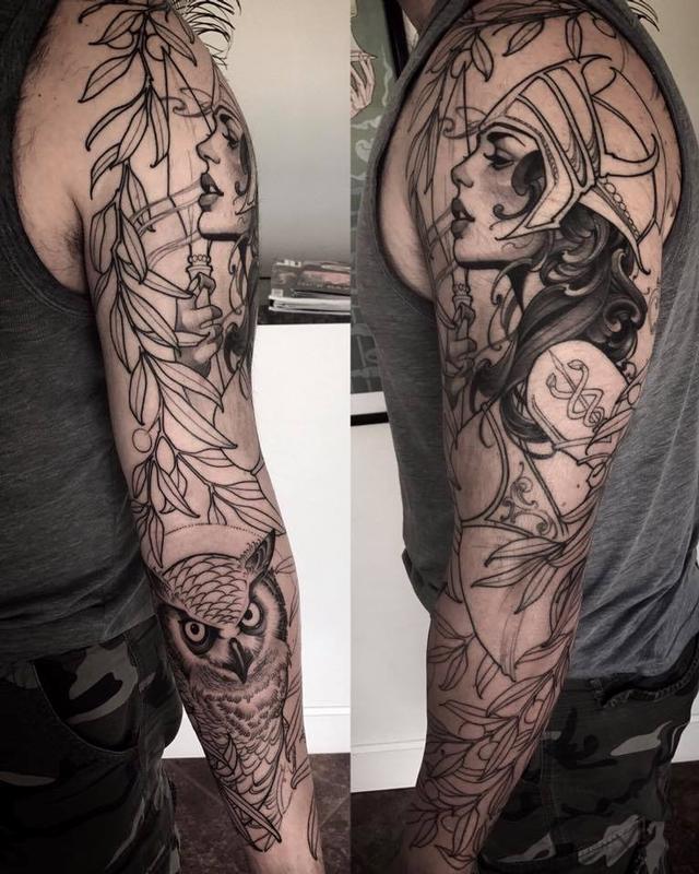 Jeff Norton Tattoos : Tattoos : Feminine : Athena and owl sleeve in progress