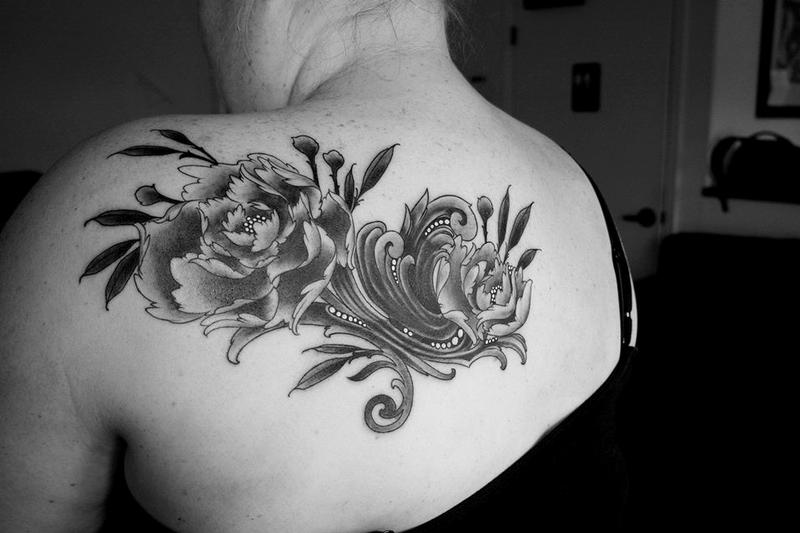 peony flower tattoo black and white