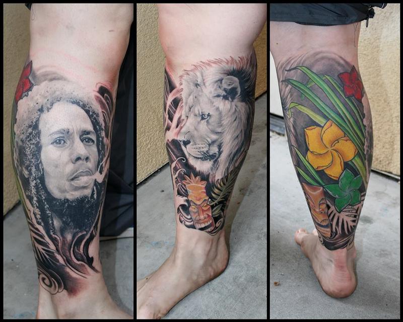 Jeff Norton Tattoos : Tattoos : Body Part Leg : Bob Marley rasta leg piece