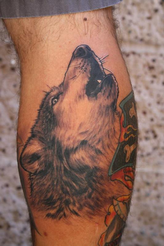 Jeff Norton Tattoos : Tattoos : Realistic : Howling wolf portrait on calf