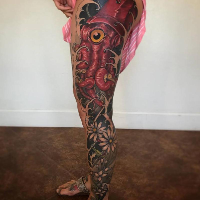 Jeff Norton Tattoos : Tattoos : Animal : Finished work, squid and floral leg  sleeve