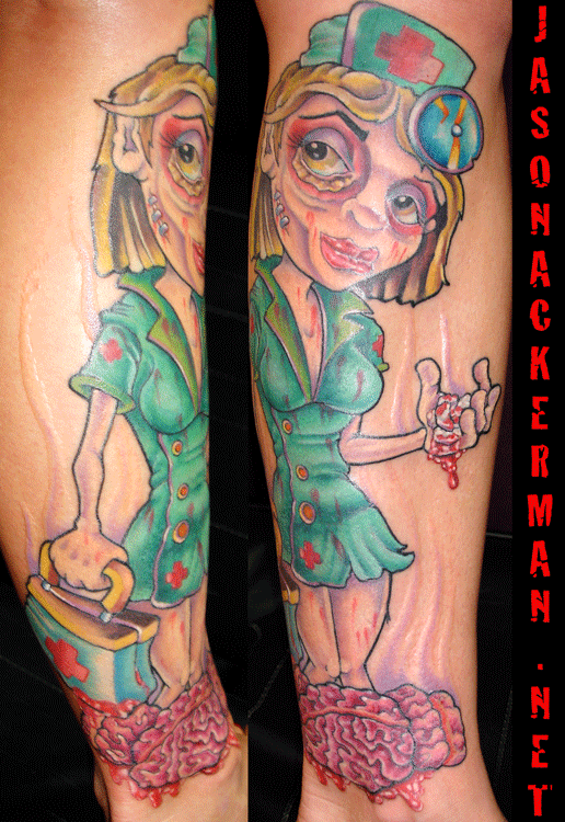 Jason Ackerman zombie nurse with brains tattoo