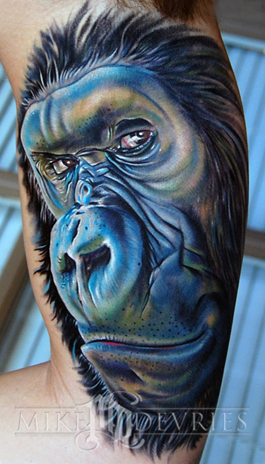 Slung Ink by Mike DeVries. "This Gorilla tattoo was one sitting that took 