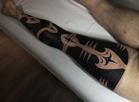 tattoos/ - Blackwork Patterned Leg Sleeve Tattoo - 115374