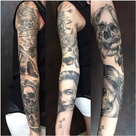 Lettering - Realistic Full Sleeve with Portrait of Woman, Mirror, Skull, Clock and Butterfly in Black and Gray