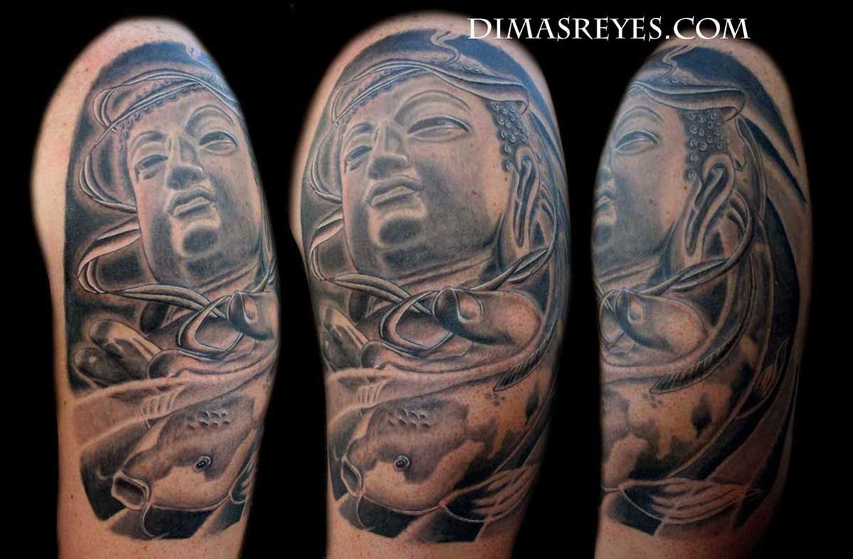 Dimas Reyes Art : Tattoos : Realistic : Black and Grey Buddha and Koi Fish  Tattoo