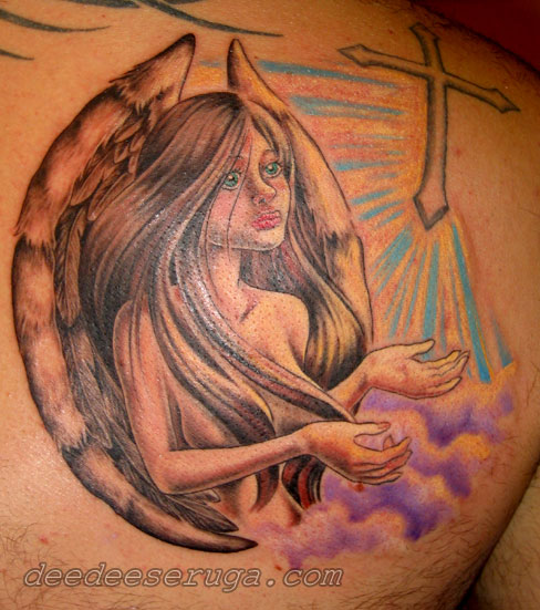 Off the Map Tattoo Tattoos New School Angel in clouds color tatto