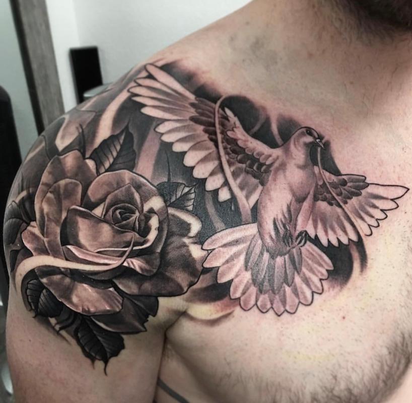 Black & Gray Dove and Rose by Ryan Townsend : Tattoos