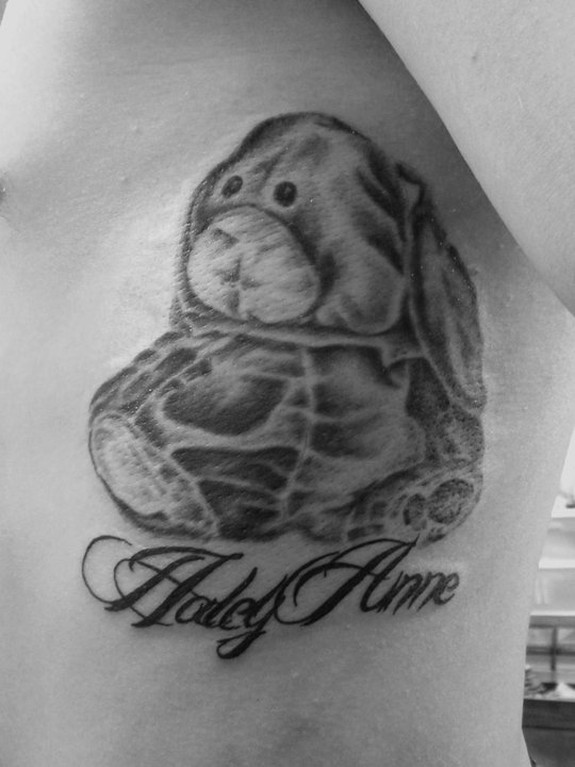 Comments An old stuffed rabbit with daughter's name Black grey Tattoos
