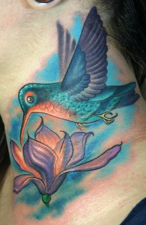 bird and flower neck tattoo
