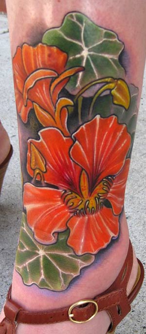 nasturtium flower color leg tattoo