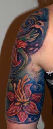 Johnny Love - Daylily Flower and Water Half Sleeve Tattoo backside detail