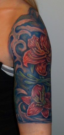 Johnny Love - Neelys Daylily Flower and Water Half Sleeve Tattoo Detail. 