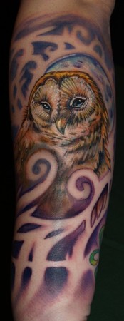 Johnny Love - Barn Owl with Moon and Negative Space Filigree Tattoo