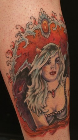 Johnny Love - Devil Angel Girl Tattoo with filagree left side view