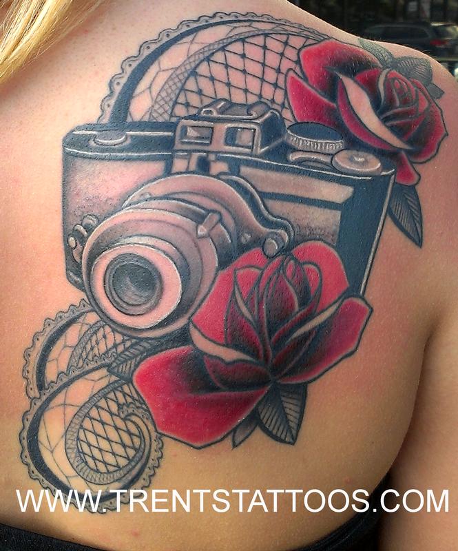 vintage camera and roses with lace work by Trent Edwards : Tattoos