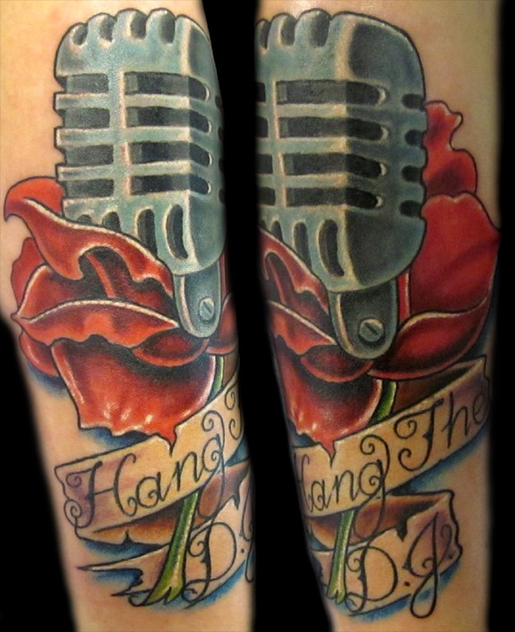 Trent Edwards Surrealskin Tattoos HalfSleeve microphone rose banner