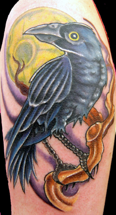 2 tattoos this couple wanted birds so she got a raven and he got an owl