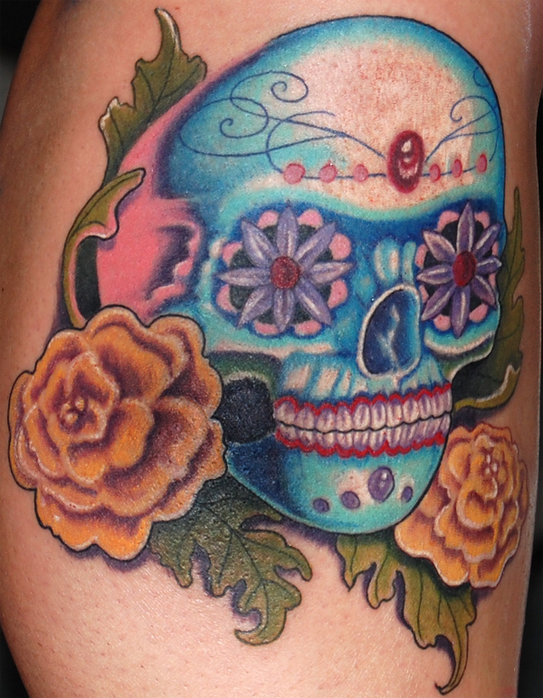 sugar skull. Artist: Trent Edwards - (email) Placement: Leg