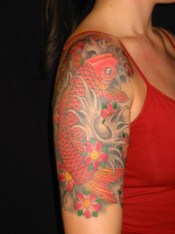 Color Koi Fish and Cherry blossoms partial sleeve with black and grey water