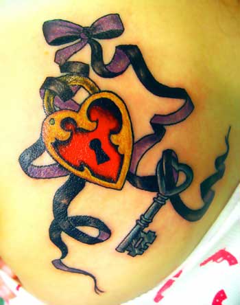 Heart lock and key with pretty pretty ribbon tattoo