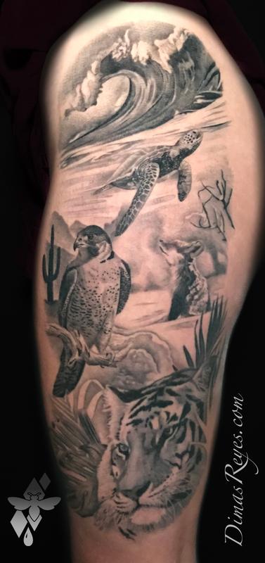 Black and Grey Animal Habitats Leg Tattoo Tattoo Design