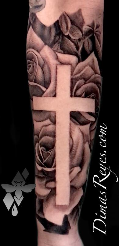 Black and Grey Realistic Roses and Cross tattoo by Dimas Reyes : Tattoos