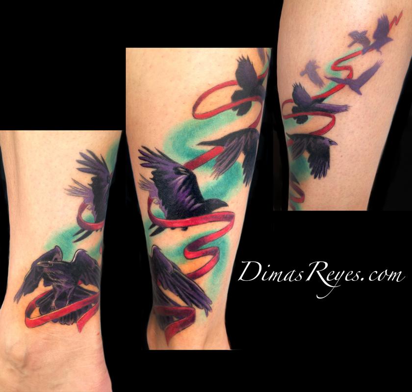 Kingdom Studio : Tattoos : Body Part Leg : Color Ravens and Ribbon tattoo