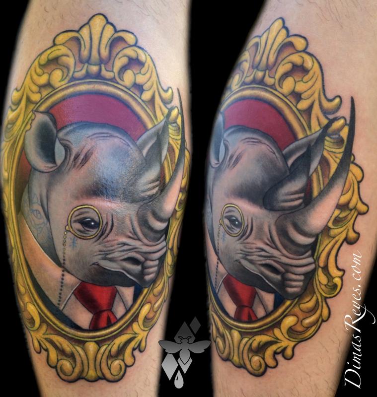 Kingdom Studio : Tattoos : Nature Animal Rhinoceros : Color Neo Traditional  Rhino in Frame tattoo