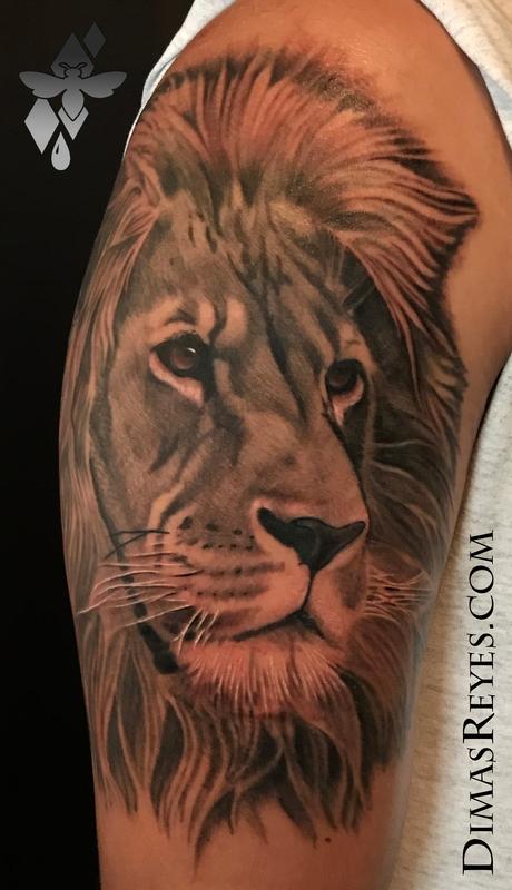 Black and Grey Realistic Lion tattoo by Dimas Reyes : Tattoos