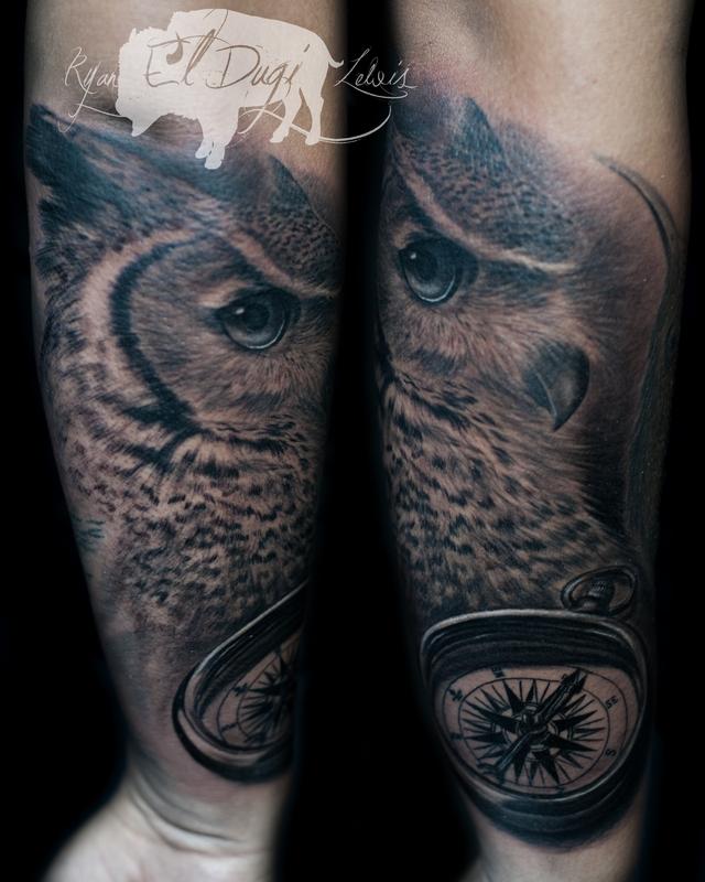 Ryan El Dugi Lewis : Tattoos : Nature Animal : Great horned owl and compass