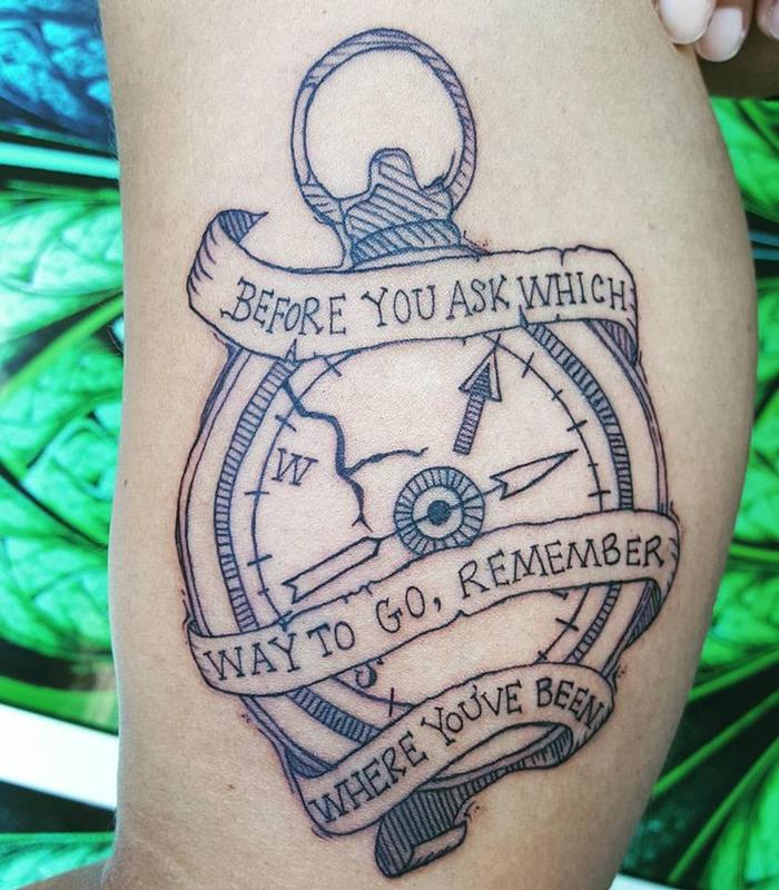 Forbidden Images Tattoo Art Studio : Tattoos : Body Part Arm : Compass & Banner  Tattoo on inner-upper Arm