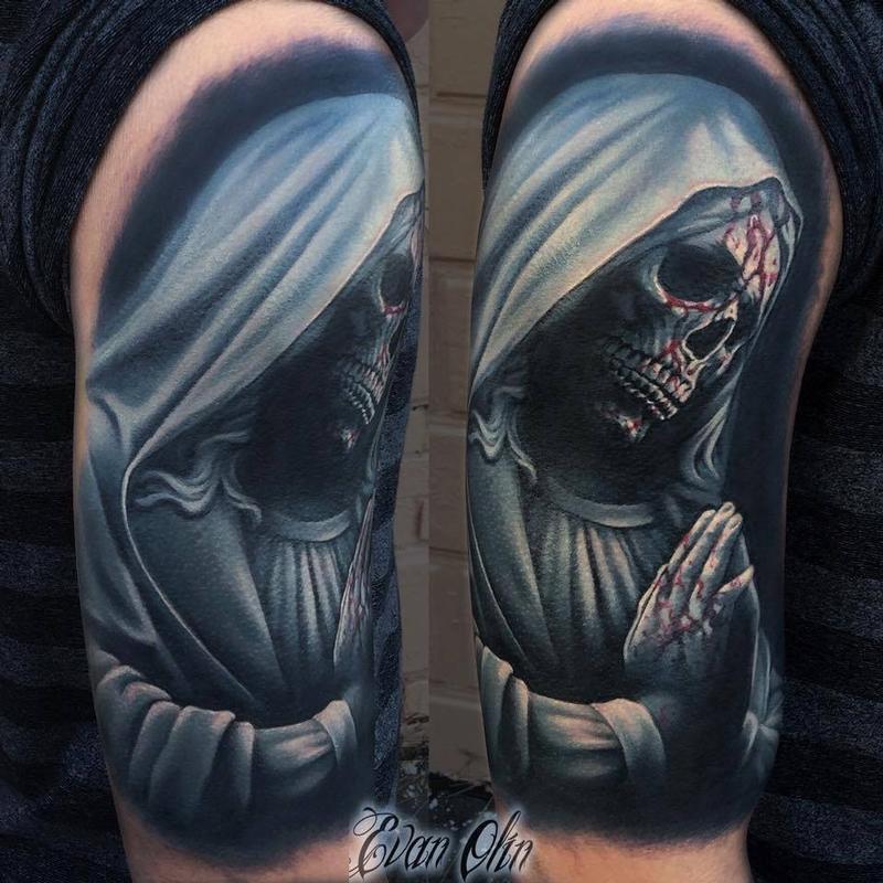 Skull Virgin Mary tattoo by Evan Olin : Tattoos