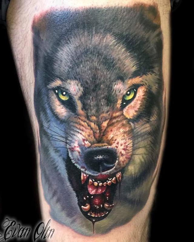 Full color realistic wolf tattoo by Evan Olin : Tattoos