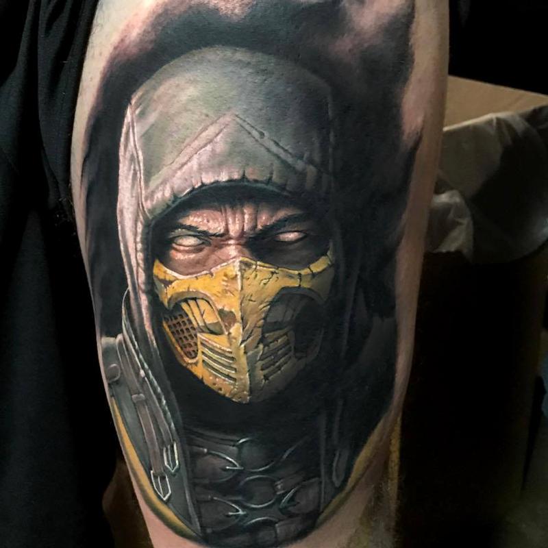 Scorpion from Mortal Kombat portrait tattoo by Evan Olin : Tattoos