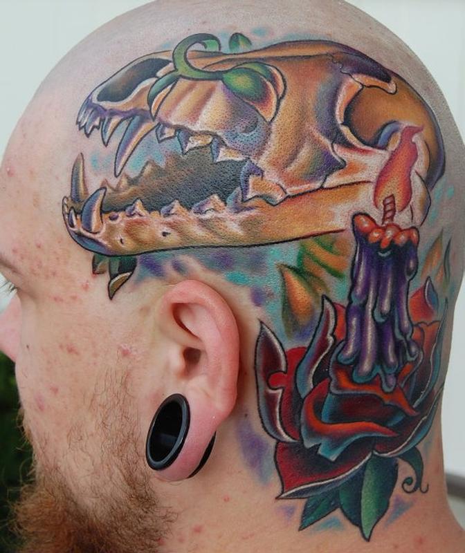 PowerLine Tattoo : Tattoos : Evan Olin : Custom, full color coyote skull/ candle/rose head tattoo